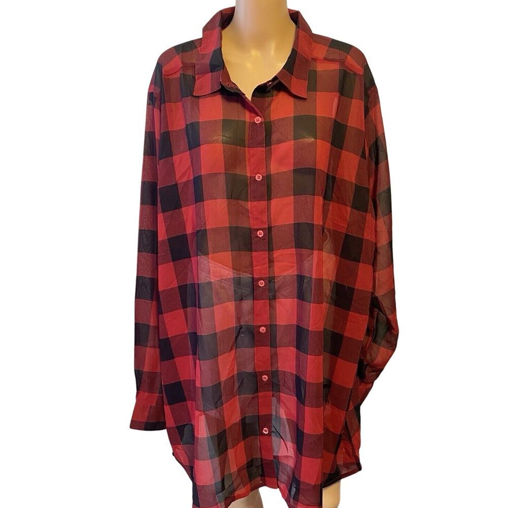 CW Classics Women Red Black Sheer Plaid Long Sleeve ButtonUp Shirt Top4X Holiday